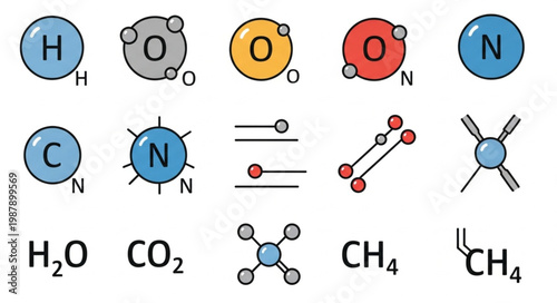 Collection of chemical element symbols and molecular structures.