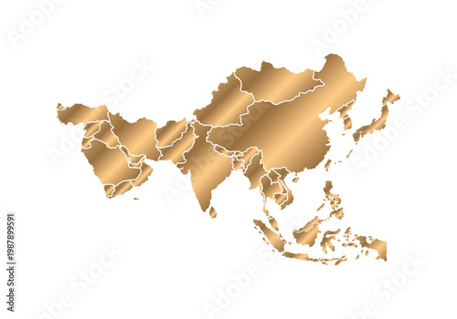 A map of Asia with gold outlines, separated from a white background.