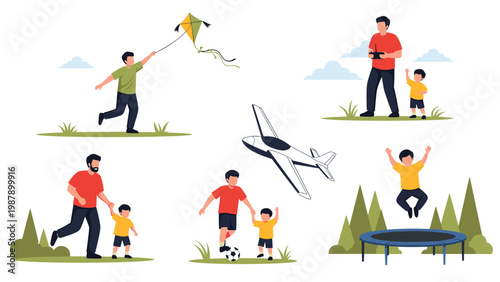 Various fathers and their sons enjoy outdoor playtime activities such as flying a kite, playing soccer, and jumping on a trampoline.