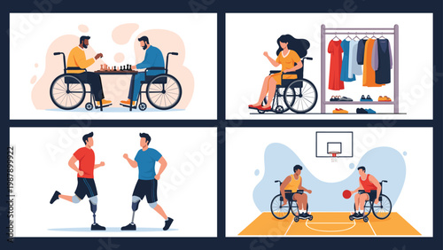 People with physical disabilities participate in various activities like playing chess, shopping, running, and playing basketball.