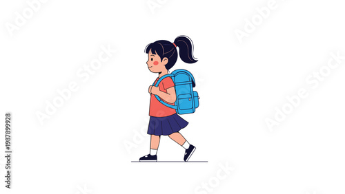 Young schoolgirl with a ponytail and a blue backpack walks happily on her way to school in a simple and clean vector illustration.