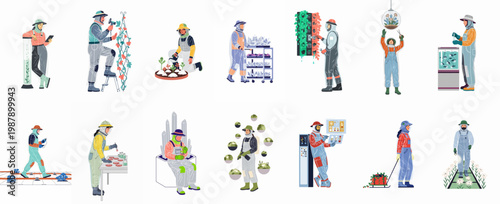Collection of characters in futuristic protective suits performing various advanced agricultural, scientific, and botanical tasks in a laboratory or space environment.