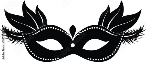 Masquerade carnival mask with feathers and pearls vector illustration black silhouette isolated on transparent background.