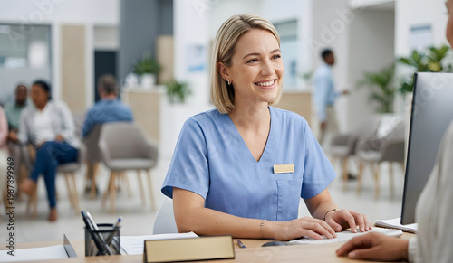 A friendly hospital receptionist assisting patients at a modern registration desk with a warm and professional expression.