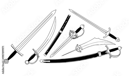 An artistic black and white line drawing depicting a collection of historical swords and curved blades on a white background