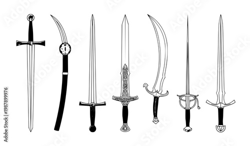 A collection of historical swords and blades an artistic black and white line drawing showcase