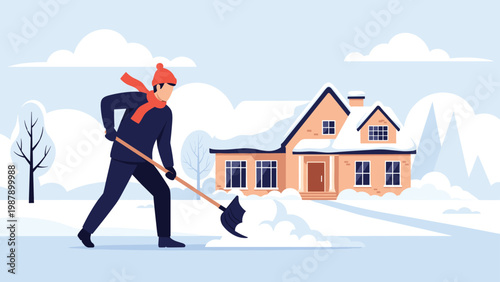 Man wearing a warm hat and scarf shovels thick white snow from the driveway in front of a beautiful suburban house during winter.