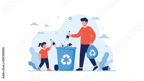 Responsible father and his young daughter work together to recycle plastic bottles by placing them into a blue recycling bin.