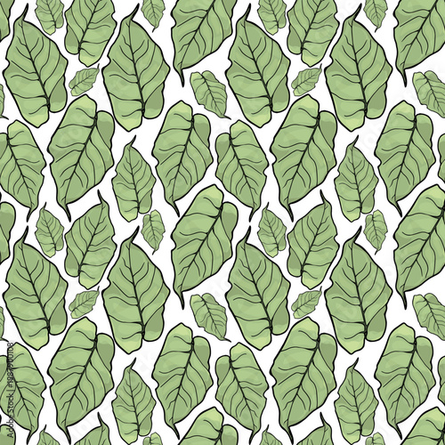 Green tropical leaves seamless pattern developing growth