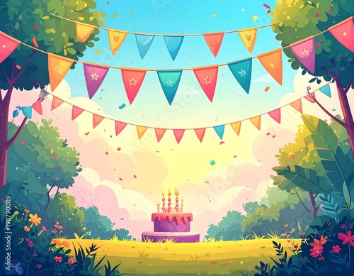 Colorful Outdoor Birthday Party Background with Cake, Bunting Flags, and Festive Park Celebration