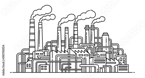Industrial Factory with Smoke Stacks and Pipes.