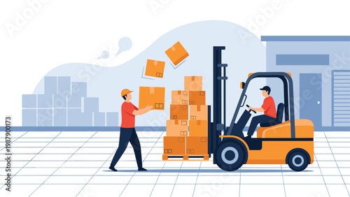 Warehouse staff work together to organize boxes using a yellow forklift in a large industrial storage facility with stacks of inventory.