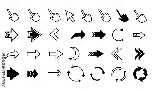 Collection of diverse black and white cursor and arrow icons representing direction selection and navigation