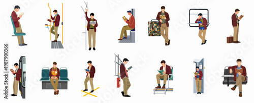 Flat vector illustration set of a man reading a book while commuting on various forms of public transport like buses and trains.
