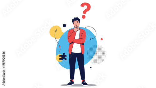 Young man stands in a thoughtful pose with a hand on his chin below a large red question mark while contemplating various ideas.