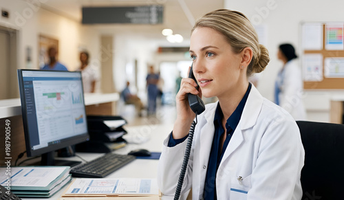 Medical staff member using a headset to assist patients and manage inquiries efficiently.
