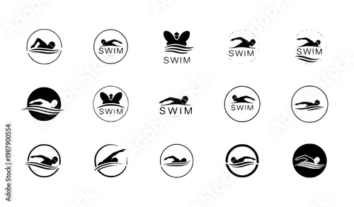 Collection of swimming logo designs black and white illustrations for aquatic sports and recreation businesses