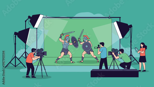 Film crew works on a professional movie set with a large green screen while two actors dressed as ancient gladiators perform a scene.
