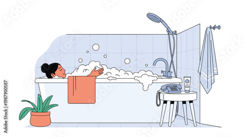 Relaxed woman enjoys a warm bubble bath in a clean white tub while surrounded by plants and personal care items in a serene bathroom.
