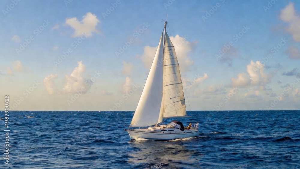 Obraz premium Small sailboat cruising on blue ocean under cloudy sky