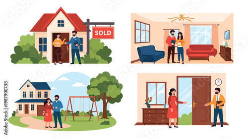 Professional real estate agent showing houses to couples and families in various indoor and outdoor settings representing property sales.