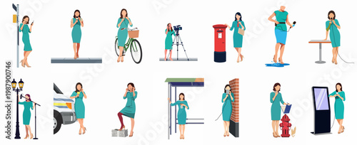Professional illustrations of a female news reporter in various urban journalism scenarios, including reporting on-site, interviewing, and using professional equipment.