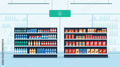 Organized supermarket aisle featuring shelves stocked with diverse bottled drinks and packaged food products under an info sign.