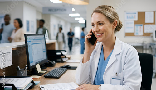 Woman at reception desk talking on the phone in a clean and modern healthcare environment.