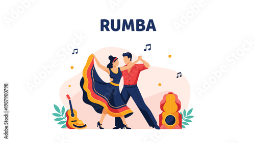 Elegant couple performing a passionate Rumba dance accompanied by a guitar and traditional speaker in a flat illustration.