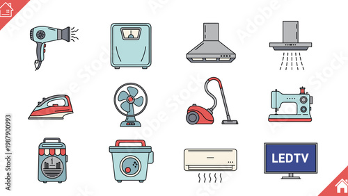Set of modern household appliance icons including a hairdryer, vacuum cleaner, fan, iron, and television for domestic life.