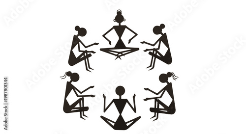 Traditional Warli Art Vector, Tribal Indian Folk Painting Style, Group of Figures in a Circle, Ethnic Black and White Silhouette Illustration isolated PNG with Transparent Background