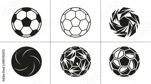 Six different designs of soccer balls in black and white  And FIFA World Cup 2026, FIFA World Cup, World Cup.