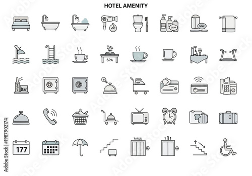 Comprehensive illustration of common hotel amenities and facilities