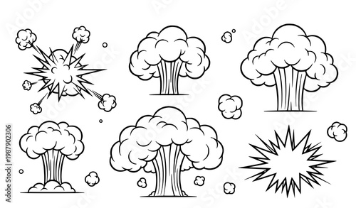 Cartoon smoke burst and dust cloud vector set with comic style steam explosions and vapor puffs isolated on white