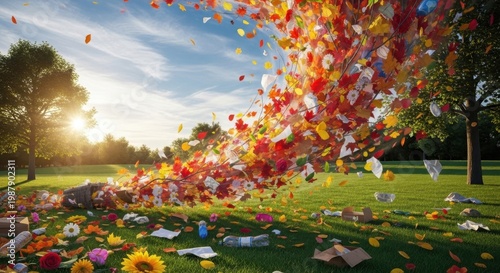 Colorful Chaos: A vibrant swirl of petals and trash explodes across a sun-drenched lawn, a striking visual commentary on environmental issues. 