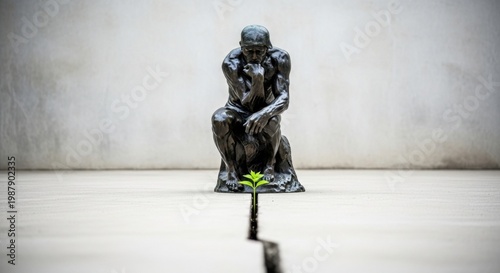The Thinker: A Symbolic Study: A classical sculpture, contemplates a tiny plant pushing through a crack in the pavement. A powerful metaphor for perseverance and growth.