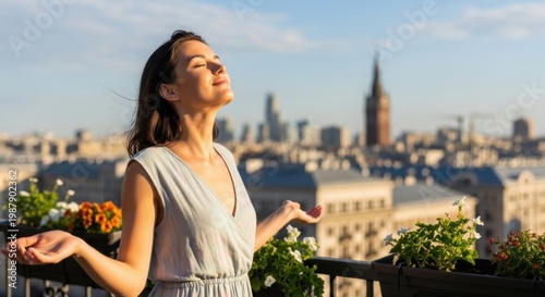 Embracing the Morning: A woman welcomes the day with open arms, basking in the sun's warm embrace on a balcony overlooking a city skyline.