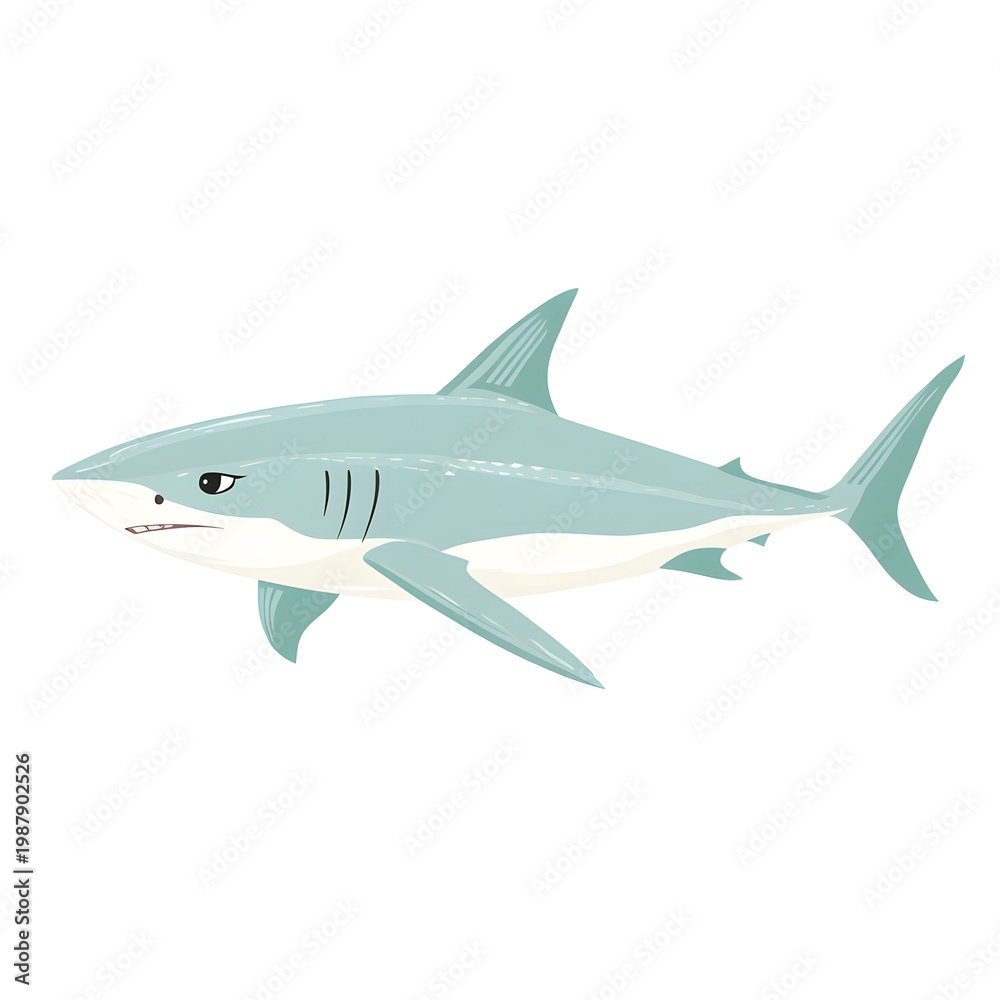 Fototapeta premium Fierce blue shark swims through the water in this illustrated graphic design.