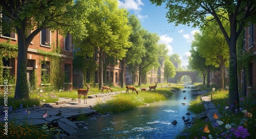 Nature's Embrace in the City: A picturesque scene blends nature with urban structures, deer roaming freely alongside a gentle stream that flows between aged buildings.