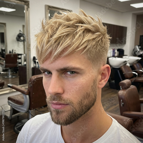 Blond man with a spiky fringe haircut