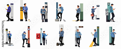 Set of flat character illustrations featuring a young man in a denim jacket engaged in various urban activities and daily routines.