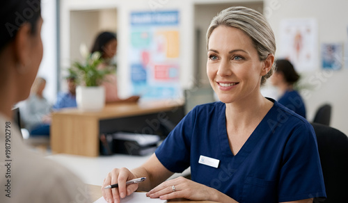 Friendly female hospital receptionist with a warm smile providing assistance to patients.