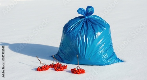Blue Garbage Bag with Berries on Snowy Ground: A full, blue garbage bag stands on the snow, accompanied by sprigs of red berries. A stark contrast of colors.