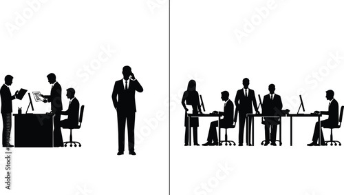 Corporate office workspace silhouettes with business people working at computer desks and having meetings isolated on white background flat vector