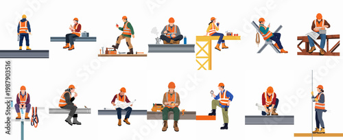 Collection of diverse construction workers in safety gear performing various activities, eating lunch, and resting on a white background.