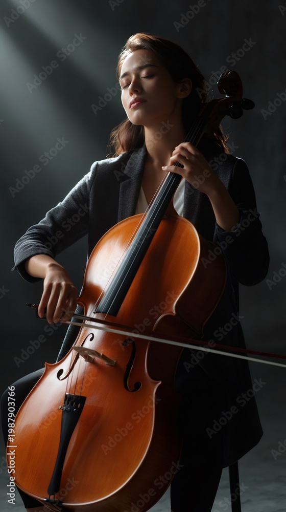 Fototapeta premium Woman cellist playing cello with passion and focus