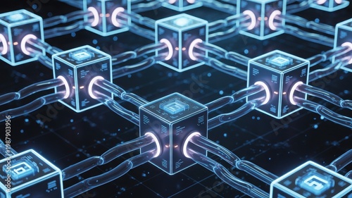 Blockchain technology concept with linked cubes and glowing blue circuits on a dark grid background
