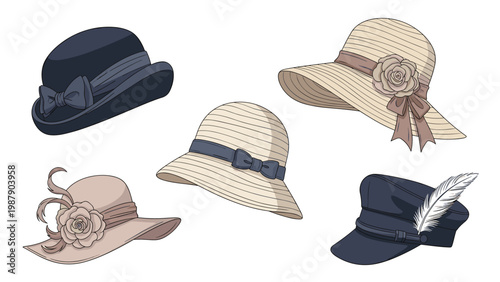 Collection of elegant women's hats in various styles including straw hats with flowers and ribbons and a military cap on white.