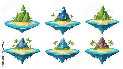 Set of floating tropical islands with green and blue mountains, palm trees, and beaches suspended over water in 3d vector style.