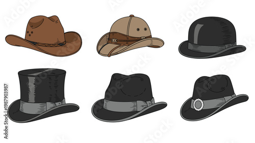 Diverse collection of mens classic hats including cowboy safari bowler top hat fedora and pilgrim styles on white background.